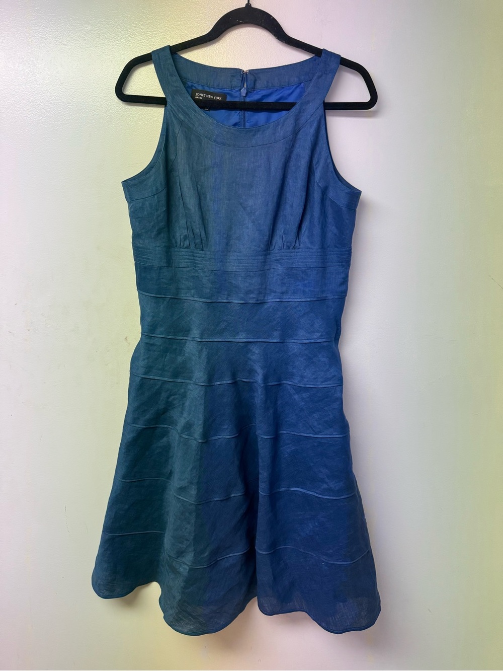 Jones New York 100% Linen Dress 12 Blue Midi Resort Travel Wedding Guest Summer - Picture 3 of 9